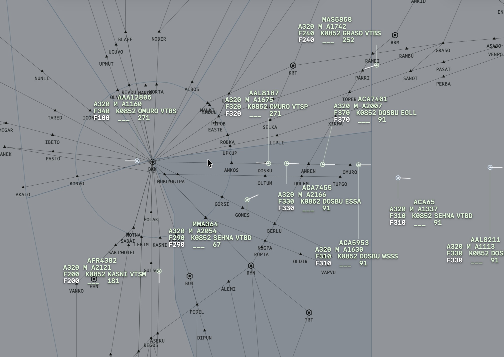 ATCBase radar simulation showing live traffic over Thailand airspace